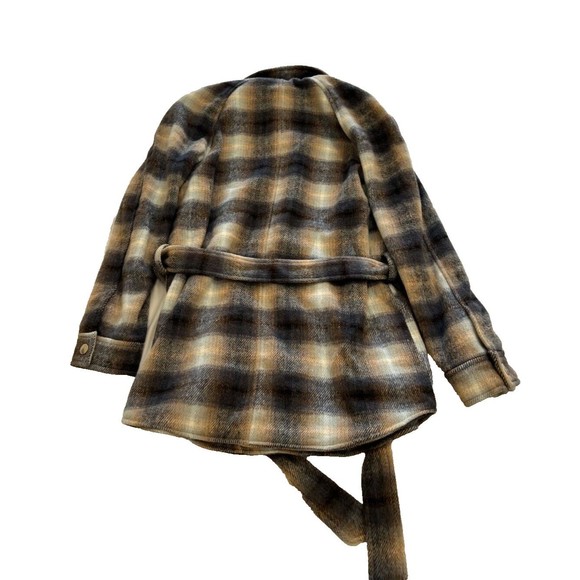 Rachel Zoe Womens Heavy Coat Wool Blend Brown & Gray Plaid W/Belt & Snap Buttons - Picture 4 of 9